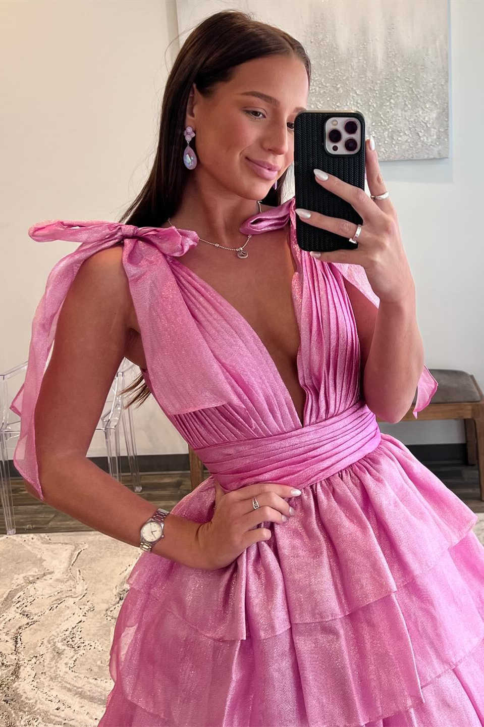 RGlitter Tie Straps Pink Plunging Neck Tiered Long Prom Dress - Image 2