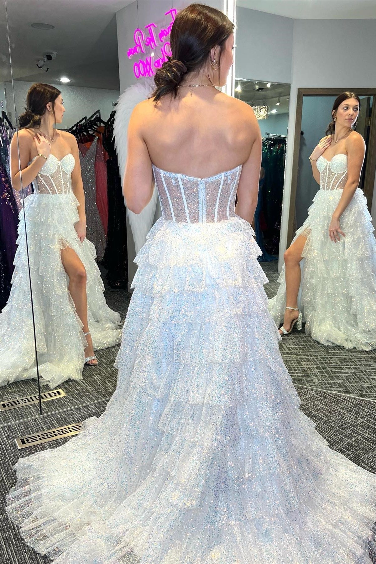 Glitter Tulle Corset Ruffle Tiered Long Prom Dress with Slit - Image 2