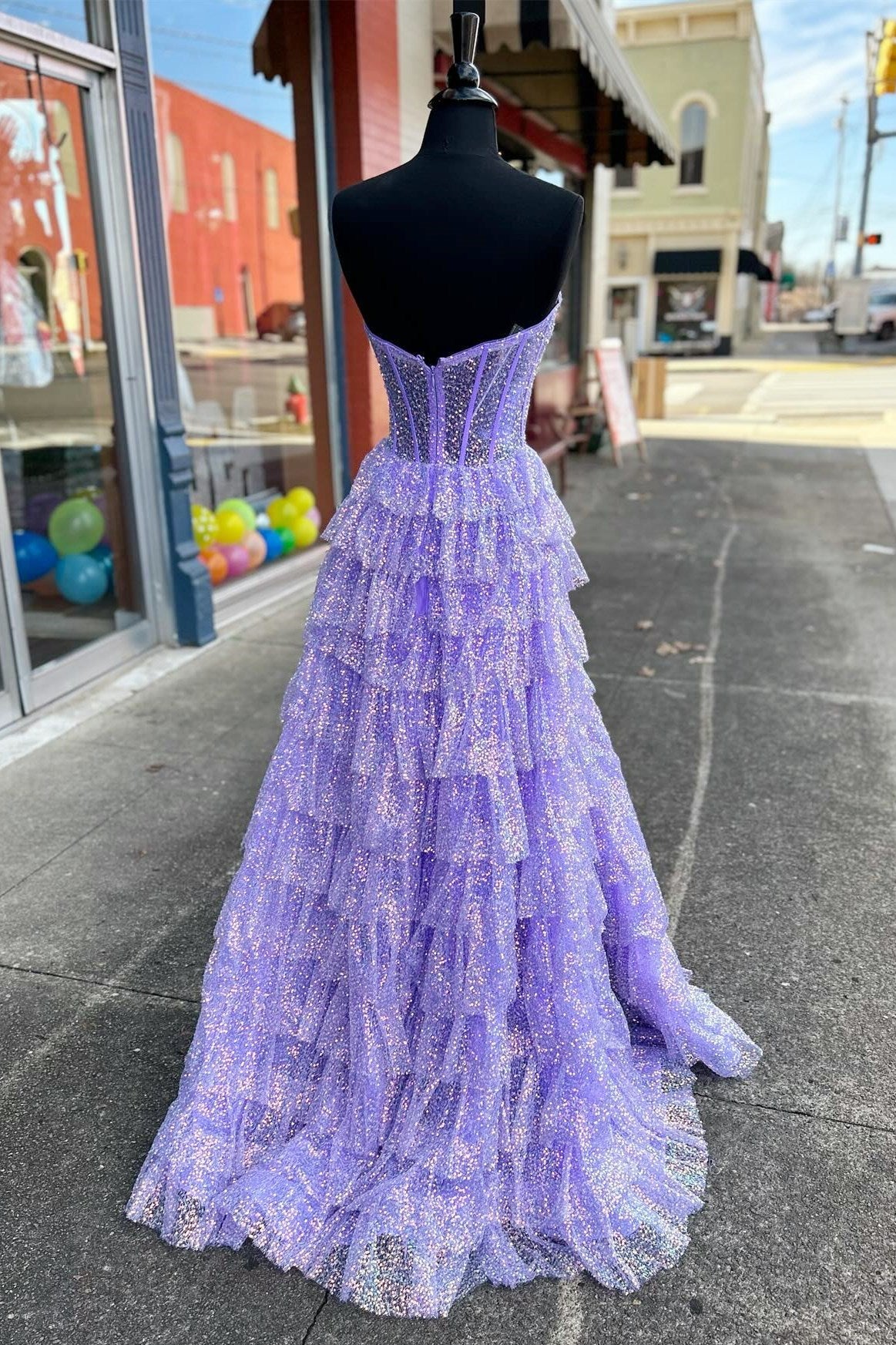 Glitter Tulle Corset Ruffle Tiered Long Prom Dress with Slit - Image 4