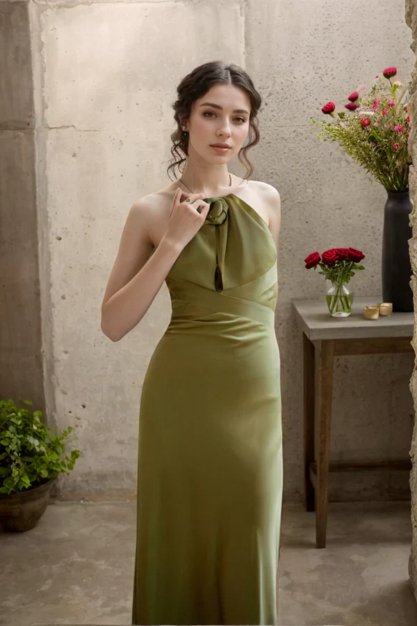 Goddess style strap haltered sheath silky satin prom dress multiple colors - Image 3