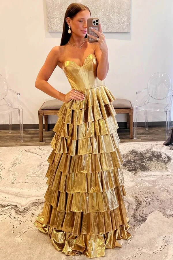 Gold Satin A Line Sweetheart Sleeveless Tiered Prom Dresses, Party Dress