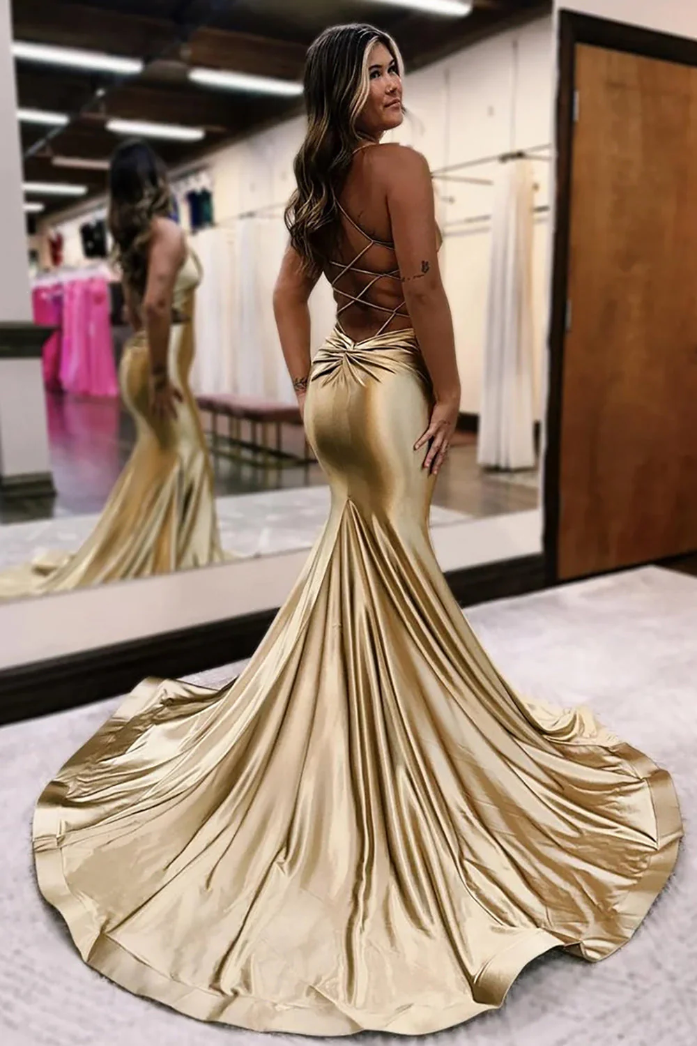 Golden Spaghetti Straps Satin Cut-out Mermaid Long Prom Dress - Image 2