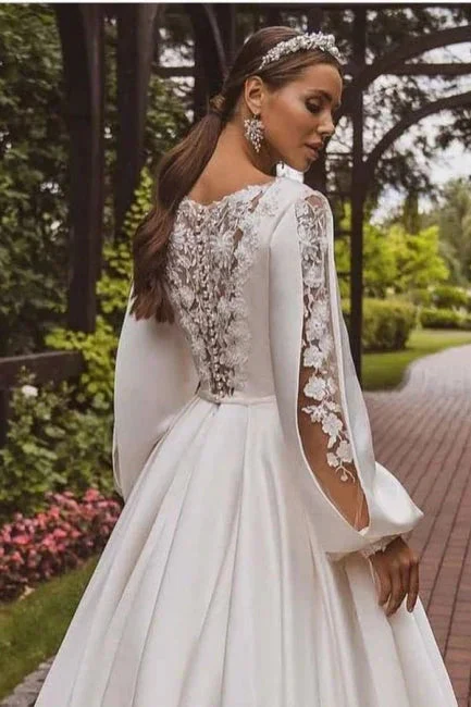 Gorgeous A-Line Satin Long Sleeve White Wedding Dress With Appliques - Image 4