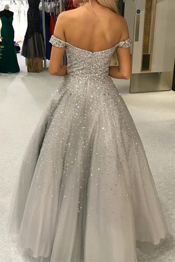 Gorgeous Ball Gown Off the Shoulder Open Back Grey Long Prom Dresses with Beaded,Evening Dresses,MP597 - Image 2