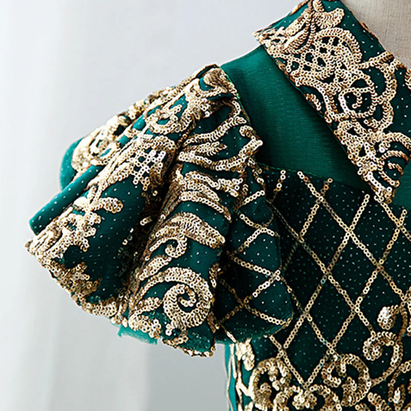 Girl Pageant Dress Children Vintage Gorgeous Green Gold Sequin Party Princess Communion Dress - Image 6