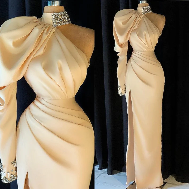Modern High Neck Long Sleeve Crystal Prom Dress Mermaid With Split - Image 3