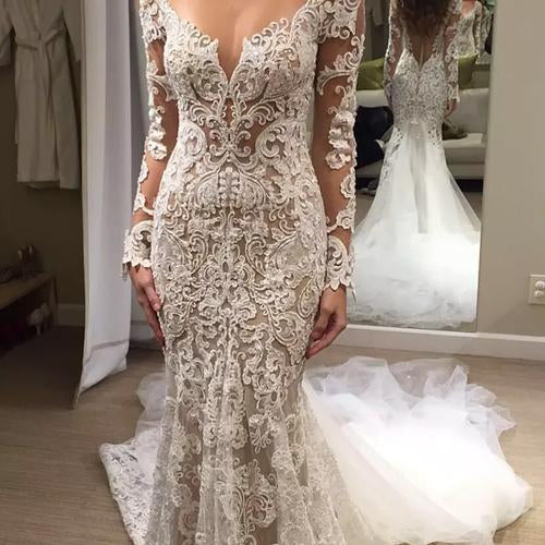 Gorgeous Ivory Backless Lace Mermaid Long Wedding Dresses with Appliques - Image 2