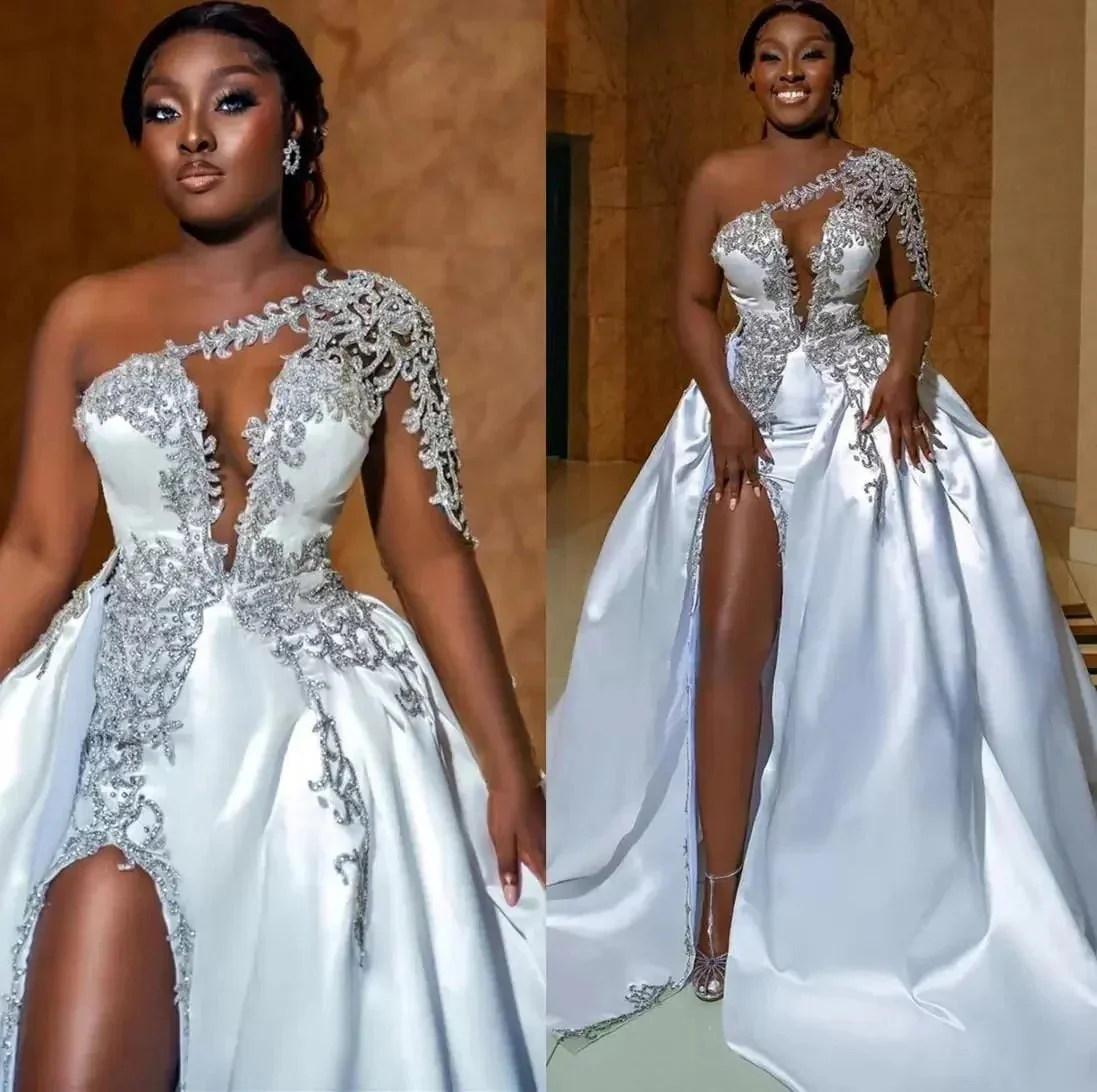 Gorgeous Long A-line One Shoulder Beading Wedding Dress With Slit - Image 6