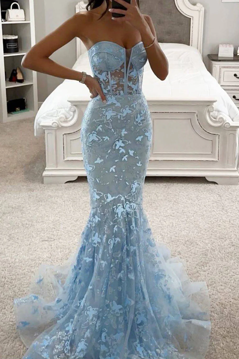 Gorgeous Mermaid Sweetheart Blue Corset Prom Dress with Embroidery - Image 3
