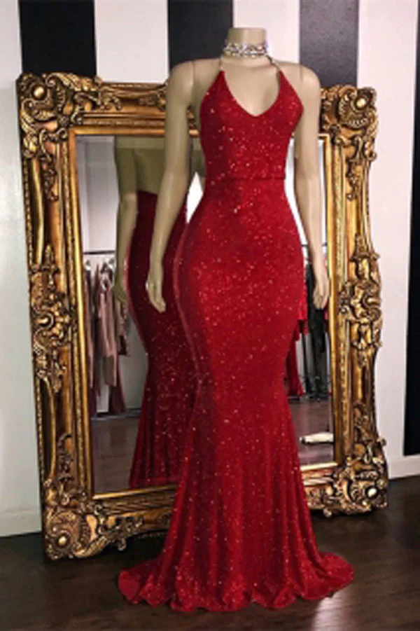 Gorgeous Red Glitter Sequins Prom Dresses Mermaid Halter Evening Gowns,MP460