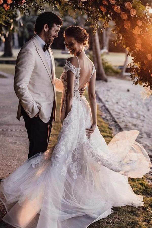 Gorgeous Tulle Mermaid Cap Sleeves Lace Appliqued Wedding Dresses - Image 2