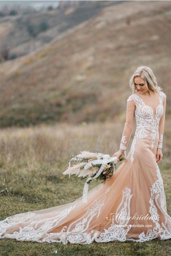 Gorgeous Tulle Mermaid Long Sleeves Wedding Dresses With Appliques - Image 3