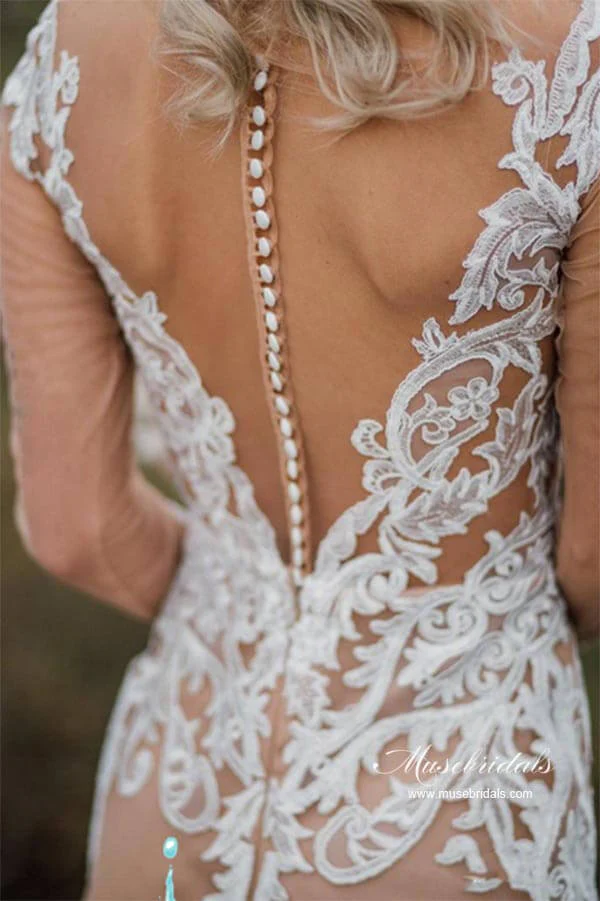 Gorgeous Tulle Mermaid Long Sleeves Wedding Dresses With Appliques - Image 4