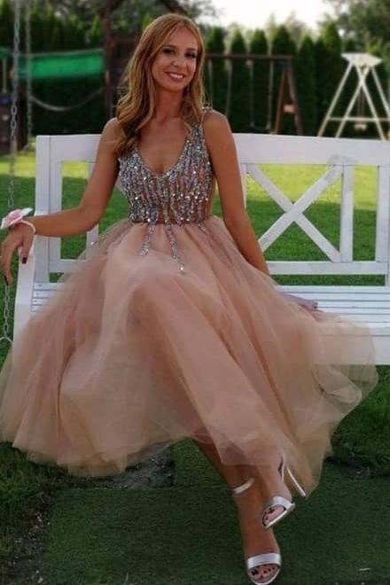 Gorgeous V Neck Peach Homecoming Dress Party Dress with Pearls PD417 - Image 2