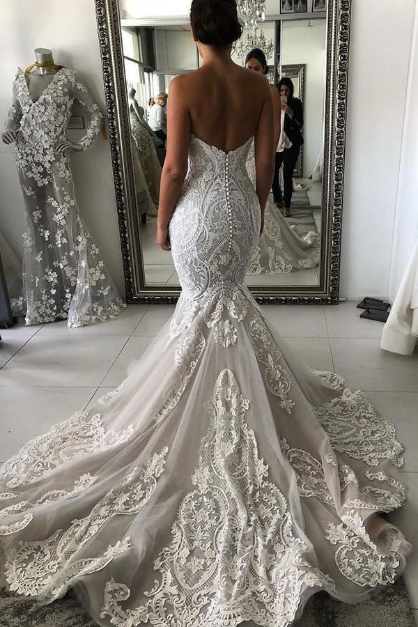 Gorgeous Wedding Dress with Drop Waist and Cascades Lace Mermaid with Court Train Bridal Dress - Image 2