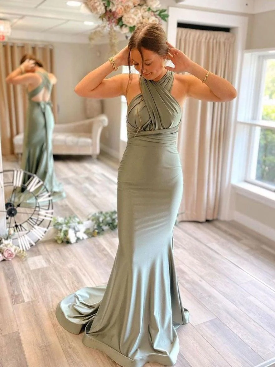 Gray Green Satin Mermaid Bridesmaid Dresses With Sweep Train - Image 2