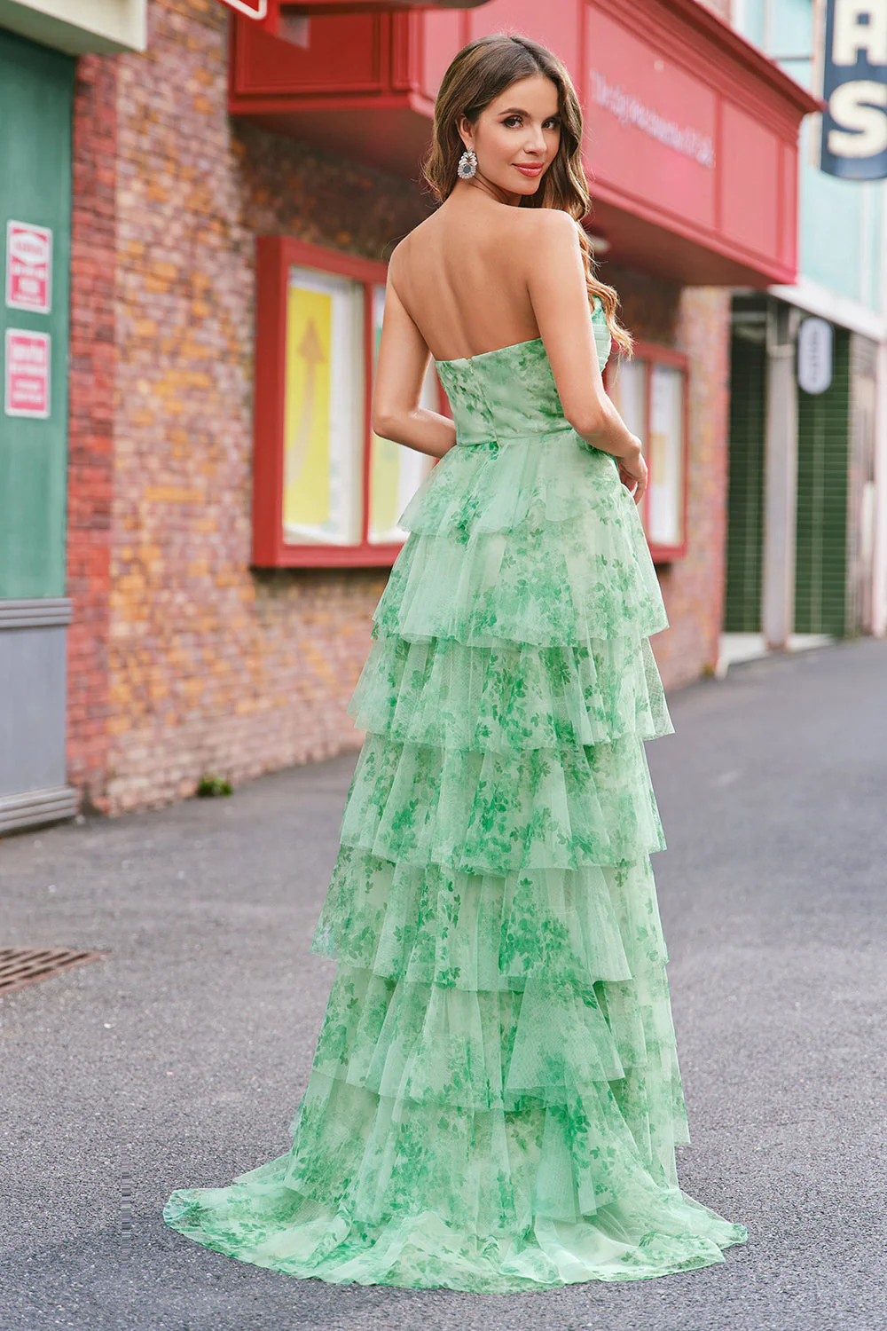 Green Floral A-Line Chiffon Tulle Long Prom Dress with Slit - Image 2