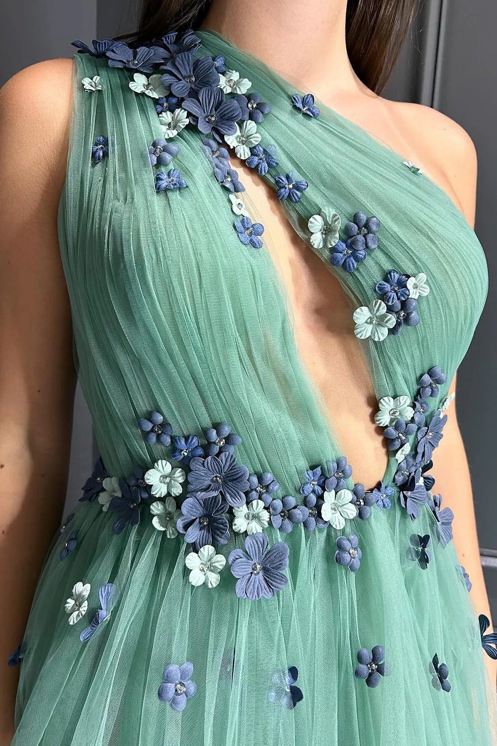 One Shoulder A-Line Tulle Long Prom Dress with 3D Flowers - Image 3