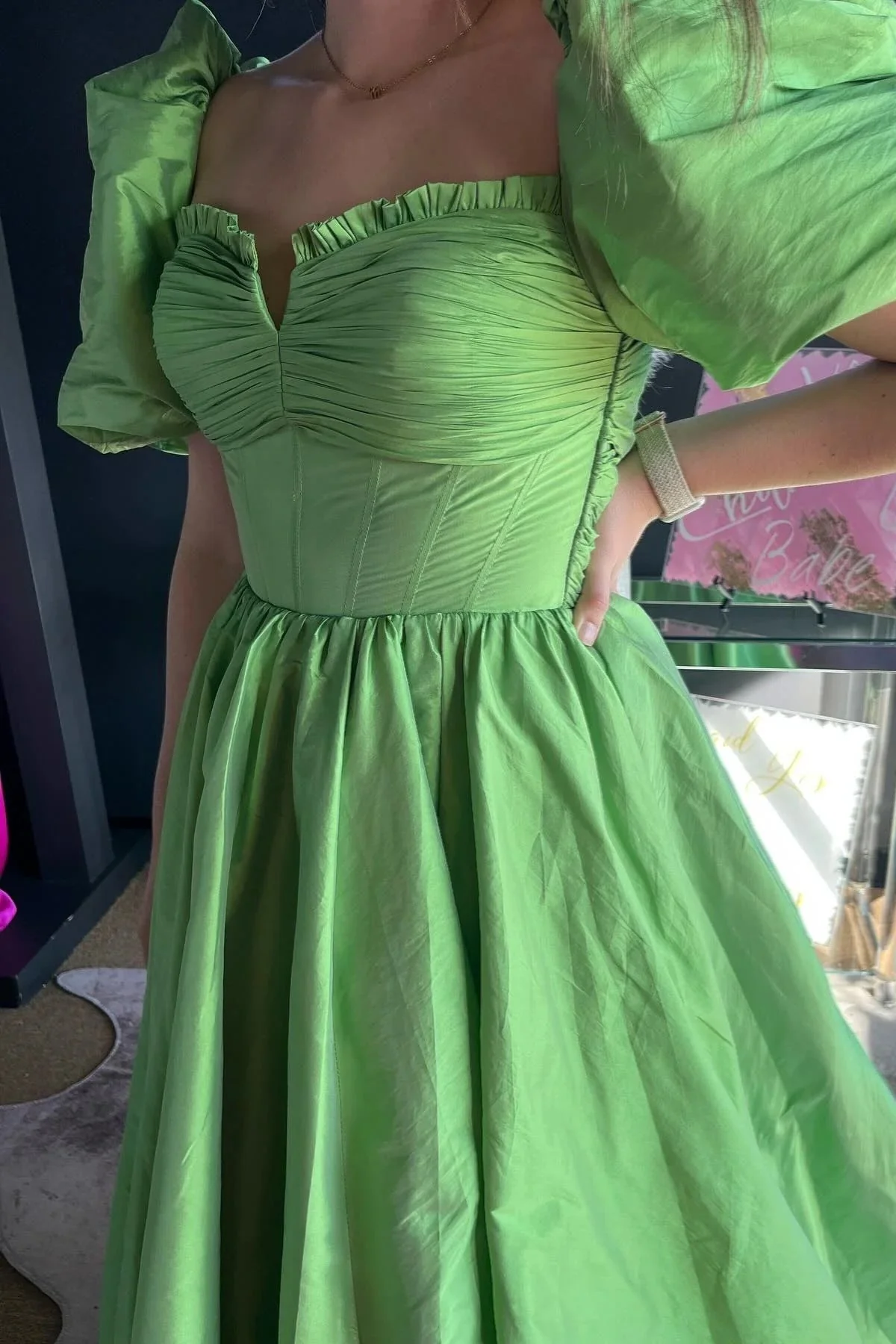 Ruffled Puff Sleeves Satin Long Prom Dress - Image 2