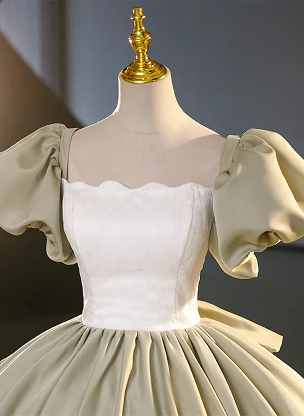 A-Line Princess Bubble Sleeved Green Short Sleeves Ball Gown Satin Long Party Dress Long Formal Quinceanera Dress - Image 3