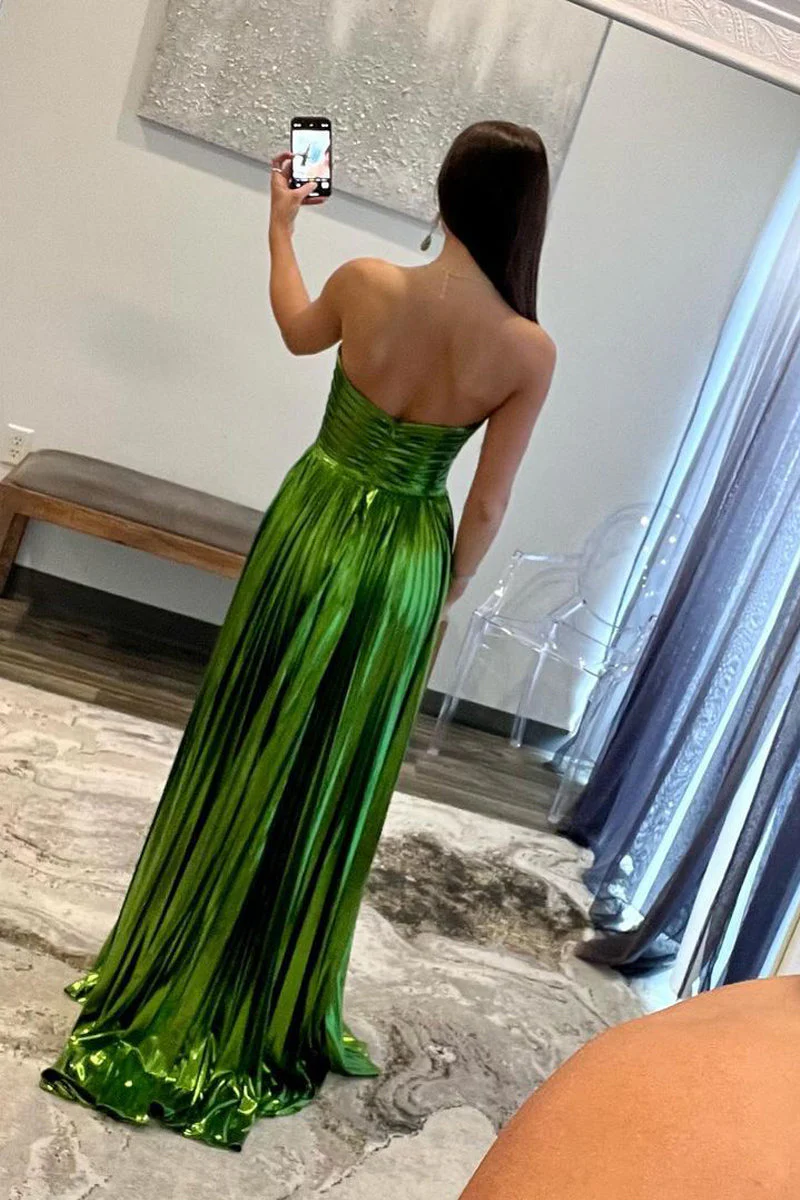 Green Metallic Strapless Pleated A-Line Long Prom Dresses - Image 2