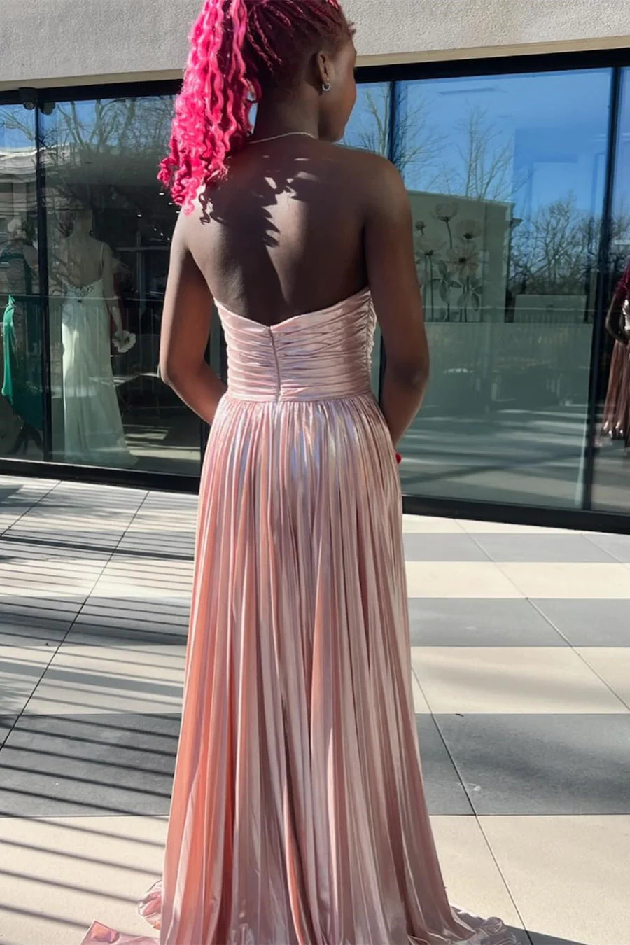 Green Metallic Strapless Pleated A-Line Long Prom Dresses - Image 5
