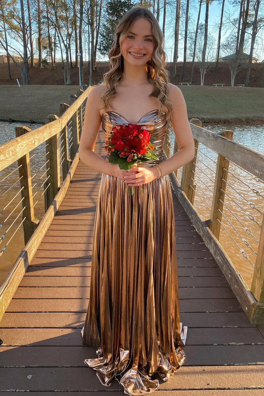 Green Metallic Strapless Pleated A-Line Long Prom Dresses - Image 6