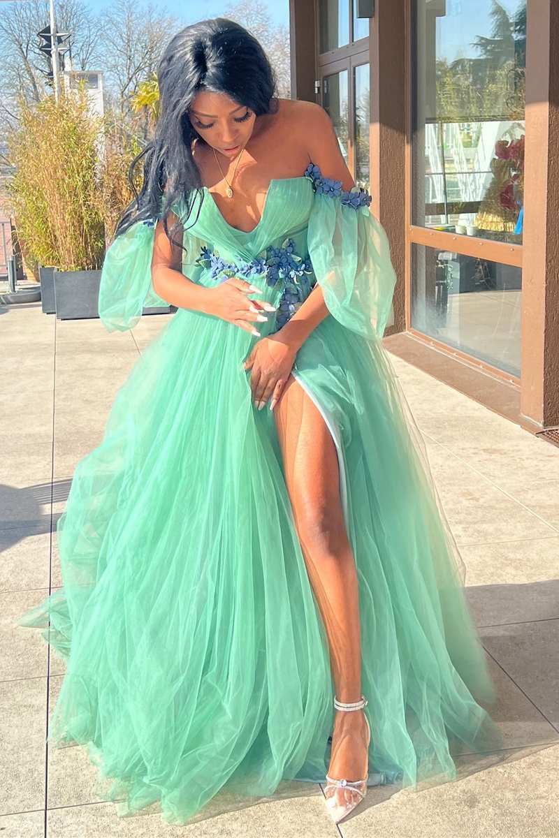 Tulle 3D Floral Lace Off-the-Shoulder A-Line Long Prom Dress - Image 3