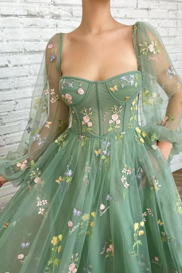 Green Tulle A-line Tea Length Sweetheart Prom Dresses With Embroidery, MP689 - Image 2