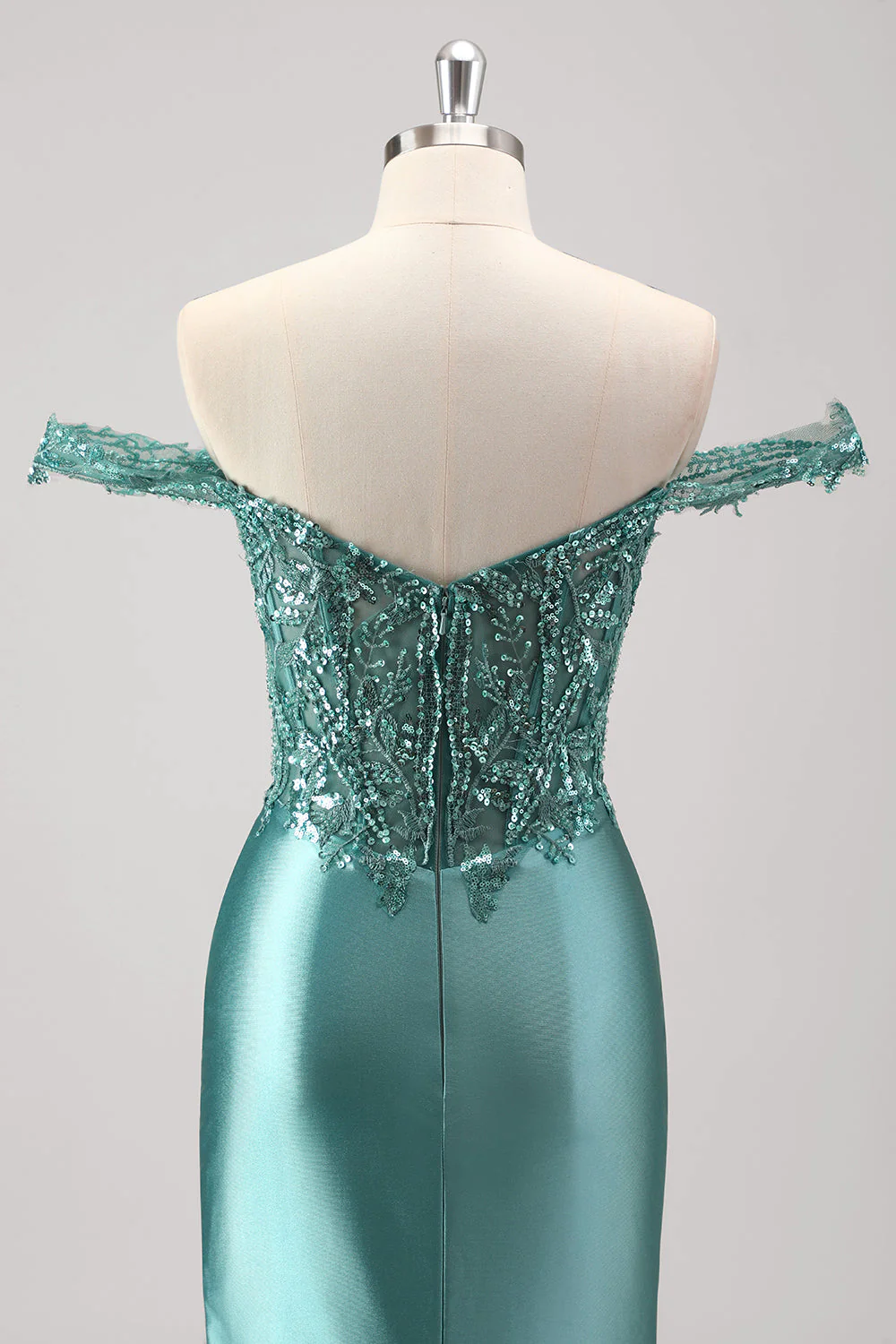 Mermaid Satin Off the Shoulder Long Corset Prom Dress with Appliques - Image 12