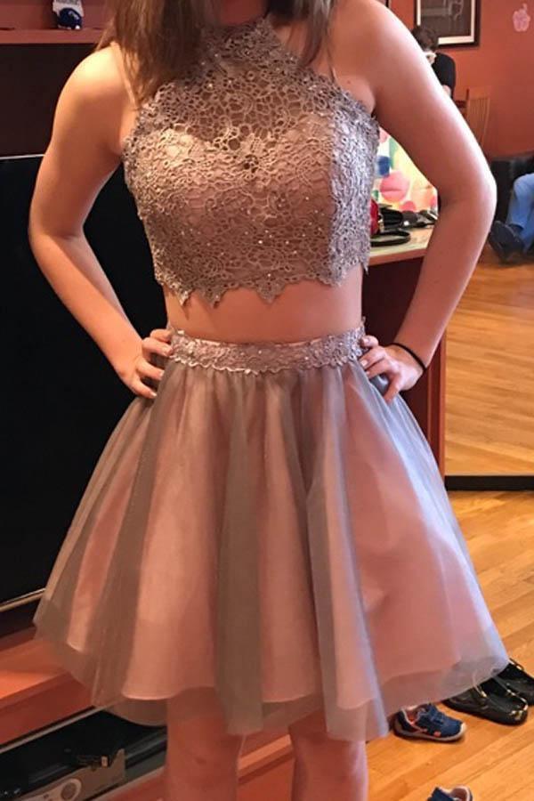 Grey Short Two Piece Halter Homecoming Party Dress with Lace  PD295 - Image 3