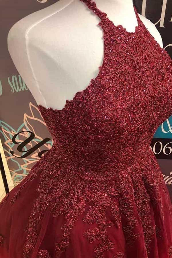 Halter Burgundy Lace A-Line Cute Backless Homecoming Dress PD373 - Image 3