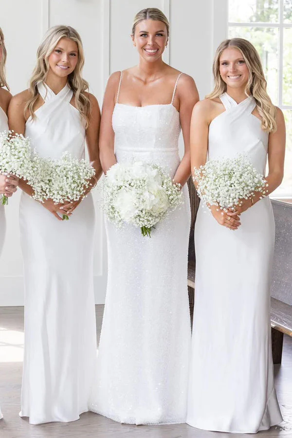 Halter Neckline Cutout Back Long White Bridesmaid Dress - Image 2