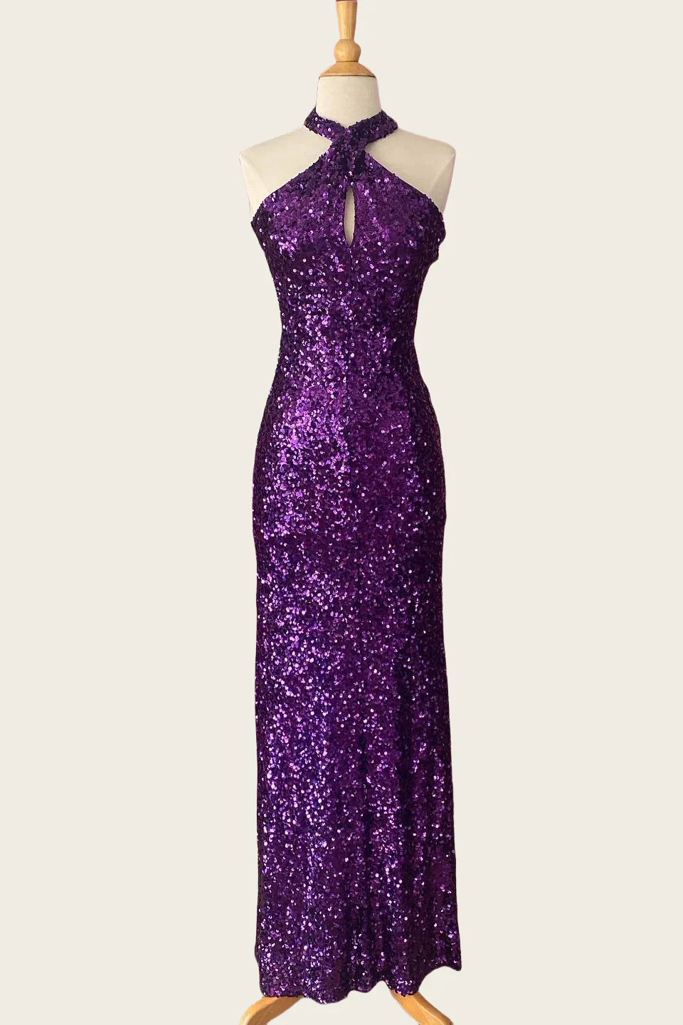 Halter Purple Sequin Open Back Sheath Long Dress - Image 3