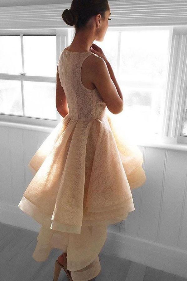 High Low Peach Lace Short Homecoming Dress Party Dresses PG142 - Image 2