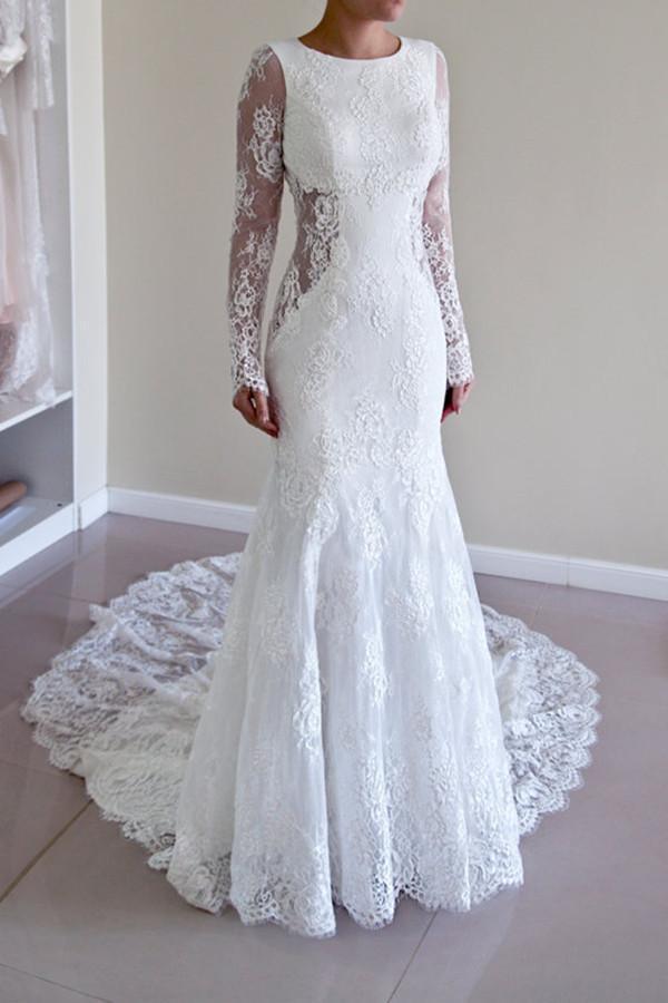 High Quality Scoop Open Back Mermaid Wedding Dress with Long Sleeves WD003 - Image 2
