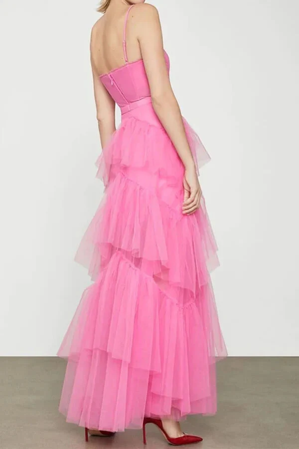 Hot Pink A-line Tiered Tulle Princess Prom Dresses, Long Formal Dresses - Image 3