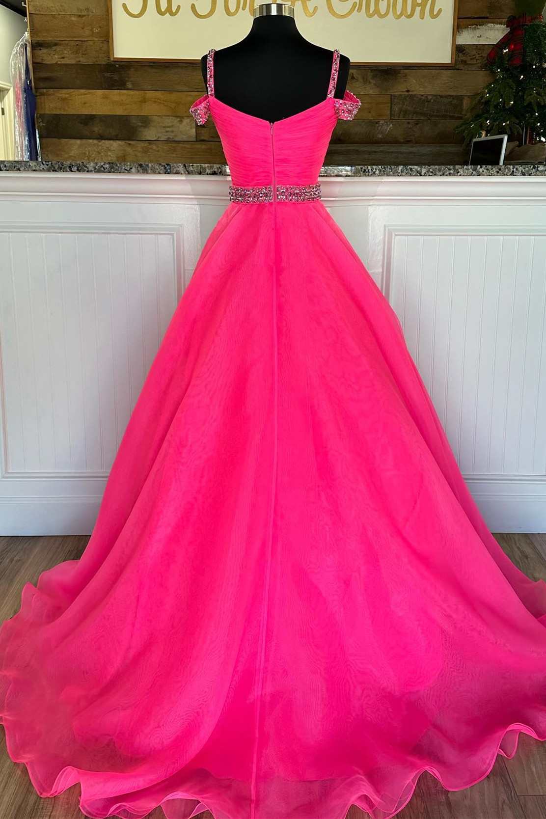 Hot Pink Beaded Cold-Shoulder A-Line Prom Dress - Image 3