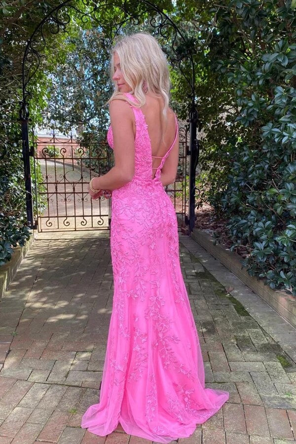 Hot Pink Tulle Mermaid Deep V-neck Prom Dresses With Lace Appliques - Image 3
