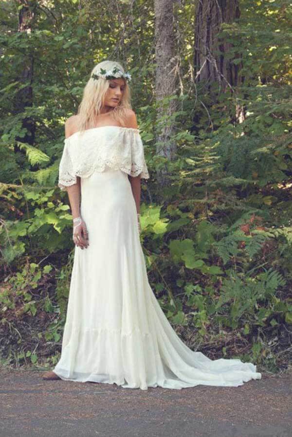 Ivory Chiffon A-line Off-the-Shoulder Bohemian Lace Beach Wedding Dresses - Image 2