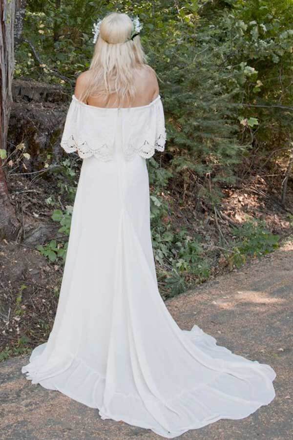 Ivory Chiffon A-line Off-the-Shoulder Bohemian Lace Beach Wedding Dresses - Image 3