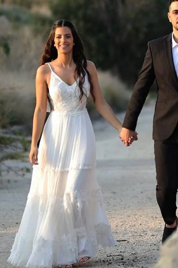 Ivory Chiffon A-line V-neck lace Beach Wedding Dresses, Bridal gown - Image 2