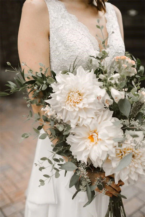 Ivory Chiffon Backless A-line V-neck Lace Wedding Dresses, Bridal Gown - Image 3