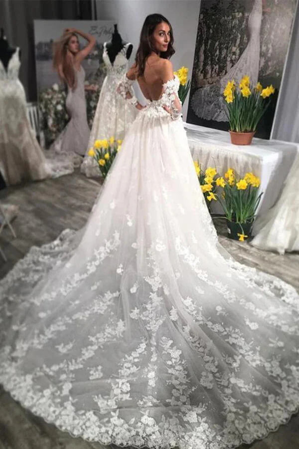 Ivory Lace Long Sleeves A-line Backless Wedding Dresses With Train - Image 2
