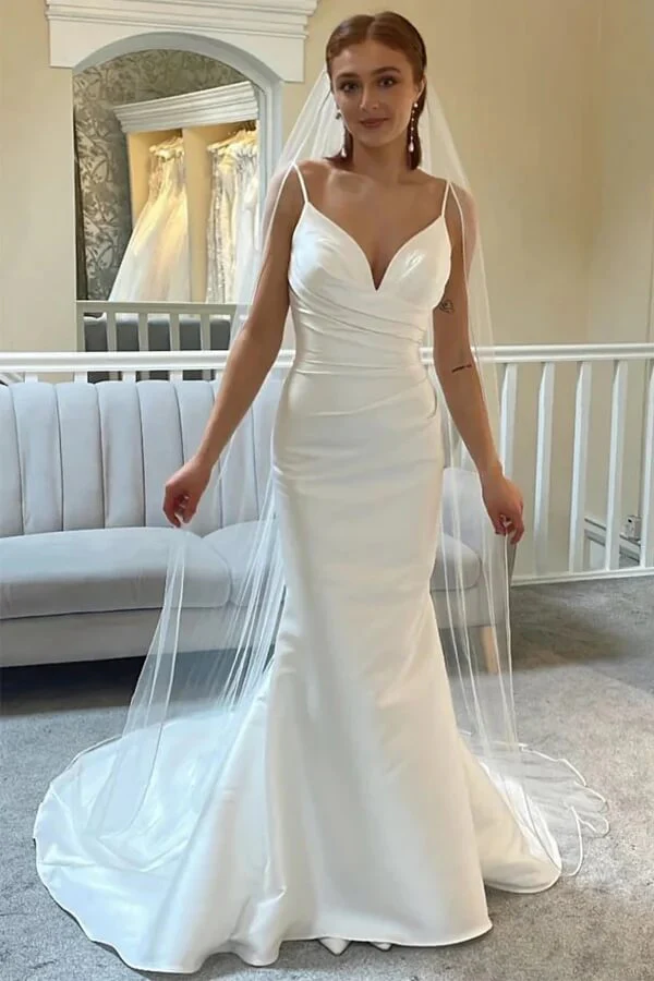 Ivory Mermaid Spaghetti Straps Backless Wedding Dress With Court Train