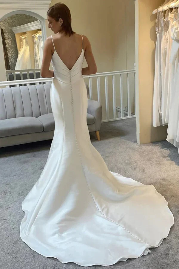 Ivory Mermaid Spaghetti Straps Backless Wedding Dress With Court Train - Image 3