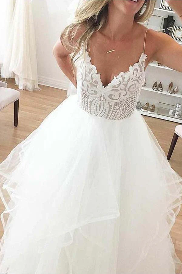 Ivory Organza Spaghetti Straps Lace Appliqued Beach Wedding Dresses - Image 3