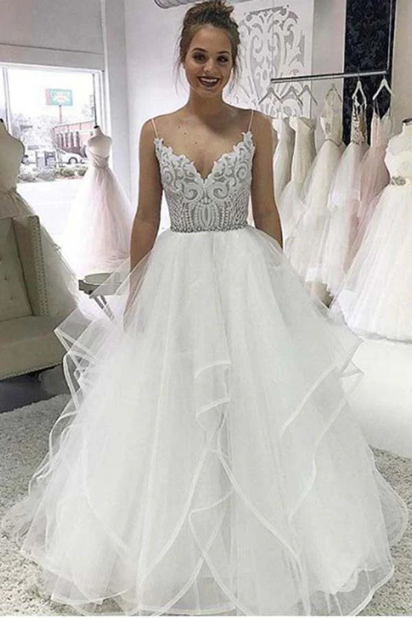 Ivory Organza Spaghetti Straps Lace Appliqued Beach Wedding Dresses - Image 4