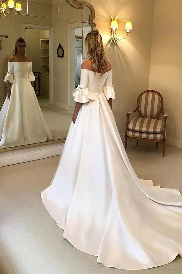 Ivory Satin A-line 3/4 Sleeves Off Shoulder Wedding Dresses with Pockets - Image 3