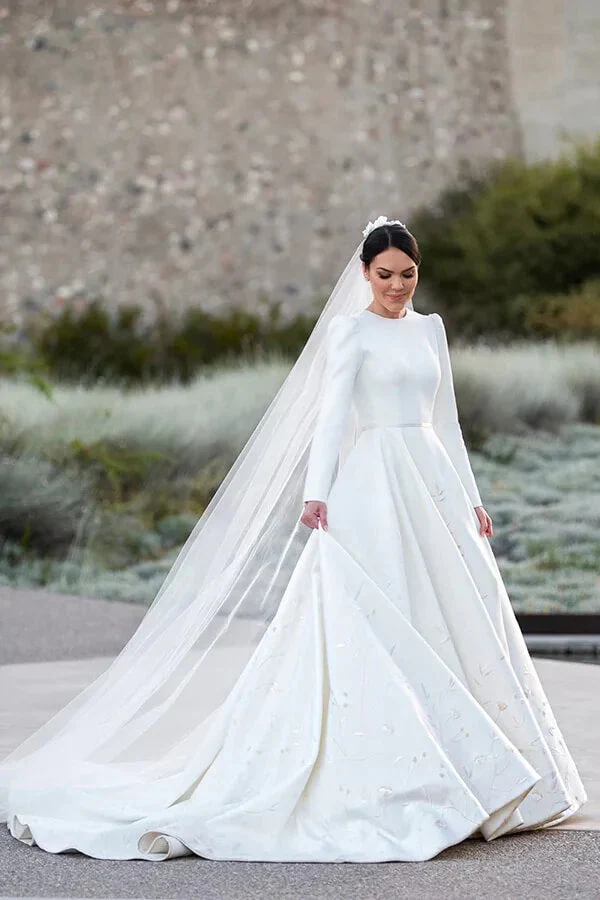 Ivory Satin A-line Long Sleeves Embroidery Modest Wedding Dresses - Image 3